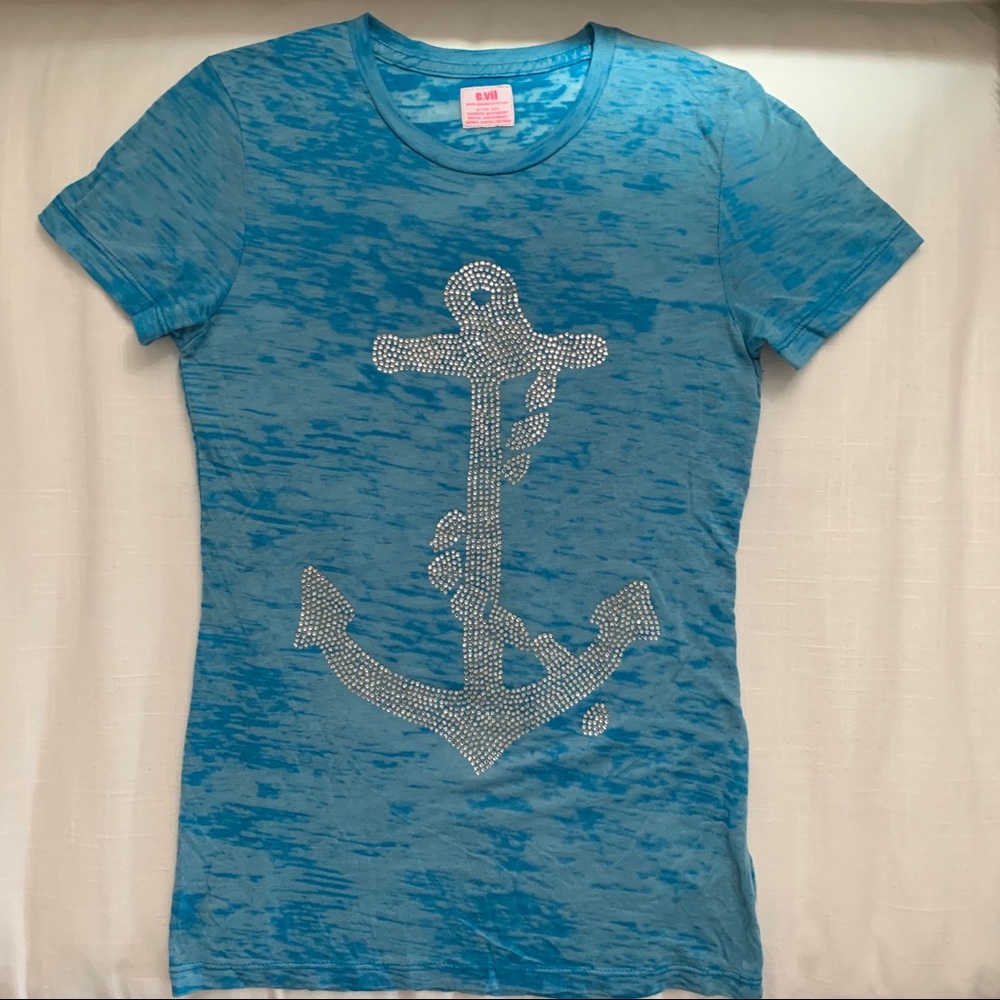 Turquoise crystal anchor nautical burnout tee